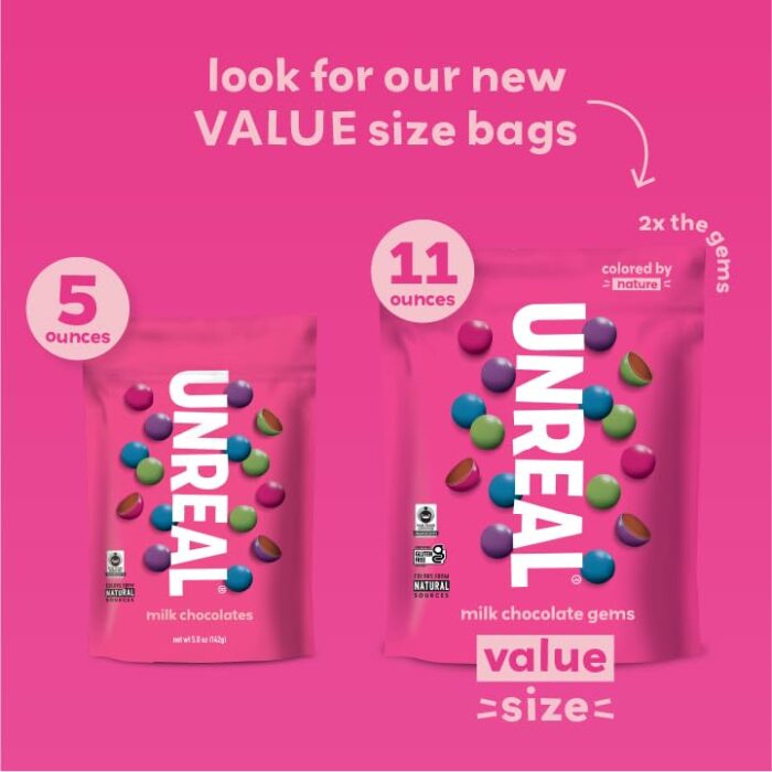 UNREAL Milk Chocolate Gems (4 Value Size Bags)| Colors from Nature, Fair Trade, Non-GMO | Made with Gluten Free Ingredients, No Sugar Alcohols or Soy | 11oz each