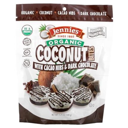 Jennies Organic Coconut Bites with Cacao Nibs and Dark Chocolate, 5.25oz (6 Pack) | Gluten Free | Peanut Free | Dairy Free | Non GMO