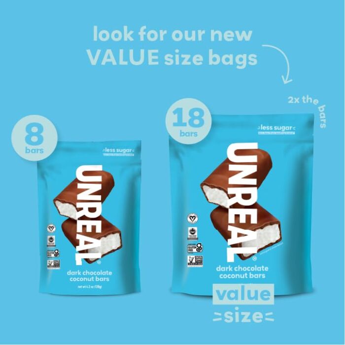 UNREAL Dark Chocolate Coconut Bars (4 Value Size Bags) | Vegan, 3g Sugar, & 3 Simple Ingredients | Non-GMO, Gluten Free, & Fair Trade | 9.5oz each