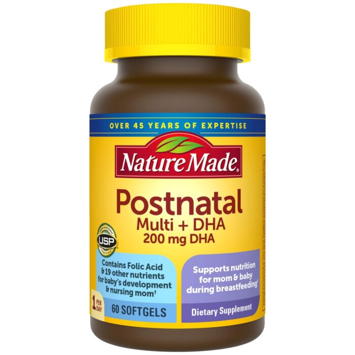 Nature Made Postnatal Multivitamin + DHA 200 mg, 60 Softgels, to Support Nursing Moms & Babies During Breastfeeding, Postnatal Vitamins & Nutrients Include Iron, Vitamin D3, Calcium, Iodine