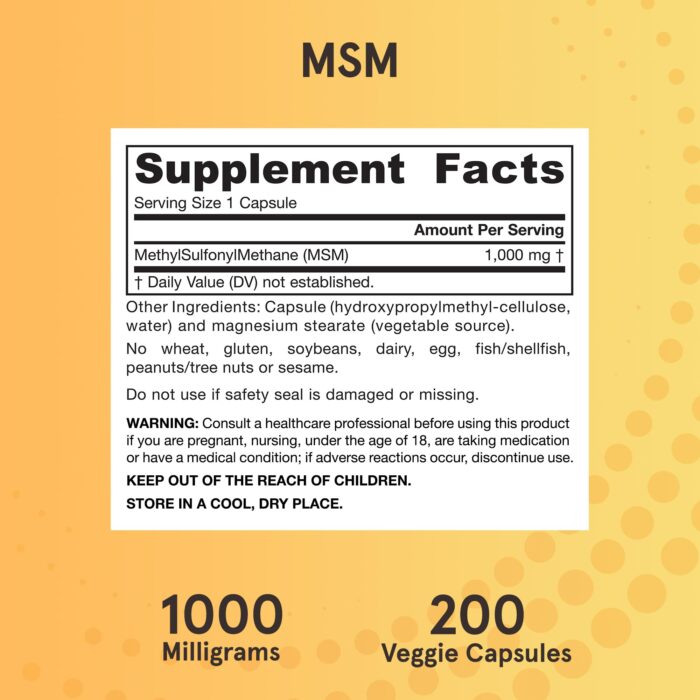 Jarrow Formulas MSM 1000 mg - 200 Veggie Caps - Methylsulfonylmethane - Important Source of Organic Sulfur - Strengthens Joints - Up to 200 Servings (Packaging may vary)