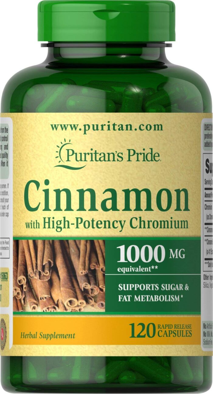 Puritan's Pride Cinnamon with High Potency Chromium, Supports Sugar and Fat Metabolism, 120 Count Brown (Pack of 1)