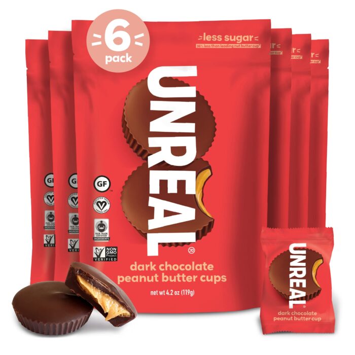 UNREAL Dark Chocolate Peanut Butter Cups | 5g Sugar | Certified Vegan, Gluten Free, Fair Trade, Non-GMO | No Sugar Alcohols or Soy | 6 Bags