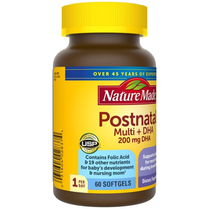 Nature Made Postnatal Multivitamin + DHA 200 mg, 60 Softgels, to Support Nursing Moms & Babies During Breastfeeding, Postnatal Vitamins & Nutrients Include Iron, Vitamin D3, Calcium, Iodine