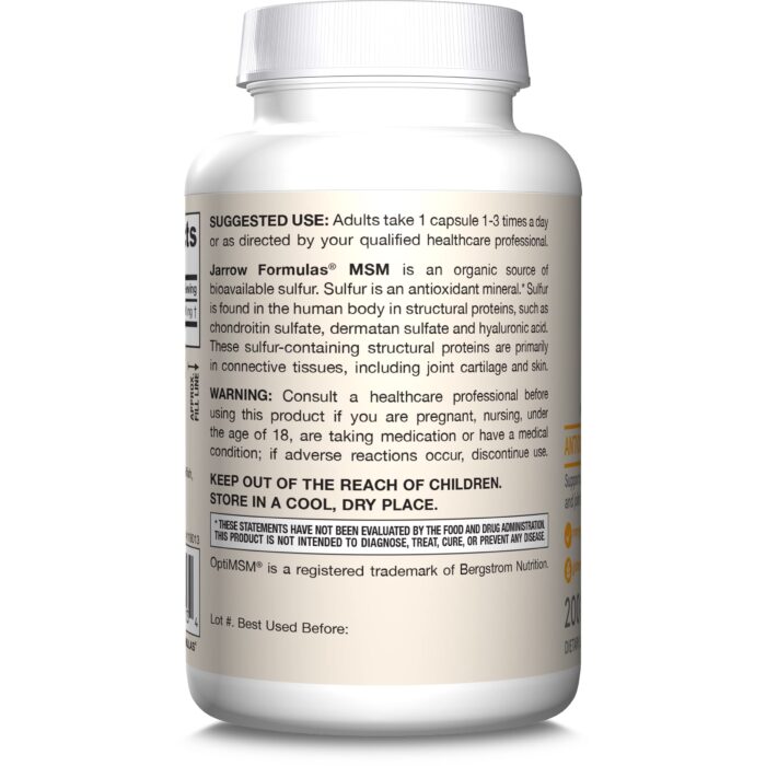 Jarrow Formulas MSM 1000 mg - 200 Veggie Caps - Methylsulfonylmethane - Important Source of Organic Sulfur - Strengthens Joints - Up to 200 Servings (Packaging may vary)