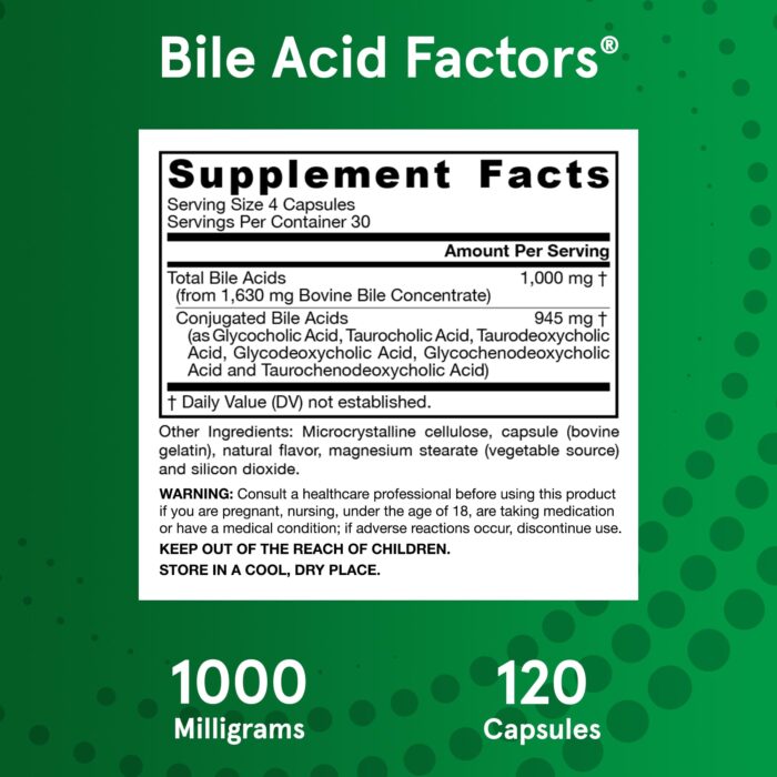 Jarrow Formulas Bile Acid Factors 1000 mg With Conjugated Bile Acids, Dietary Supplement for Digestion Support and Absorption of Fats & Fat-Soluble Nutrients, 120 Capsules, 30 Day Supply