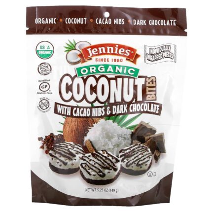 Jennies Organic Coconut Bites with Cacao Nibs and Dark Chocolate, 5.25oz (6 Pack) | Gluten Free | Peanut Free | Dairy Free | Non GMO