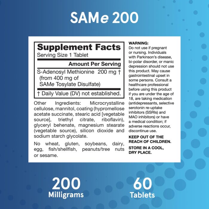 Jarrow Formulas SAMe 200 mg - 60 Tablets - Highest Concentration of Active S,S Form - Supports Joint Health, Liver Function, Brain Metabolism & Antioxidant Defense - 60 Servings