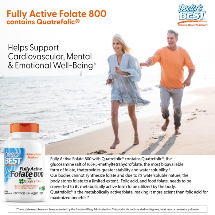 Doctor's Best Fully Active Folate with QuatreFolic, Non-GMO, Vegan, Gluten Free, 800 mcg, 60 Veggie Caps